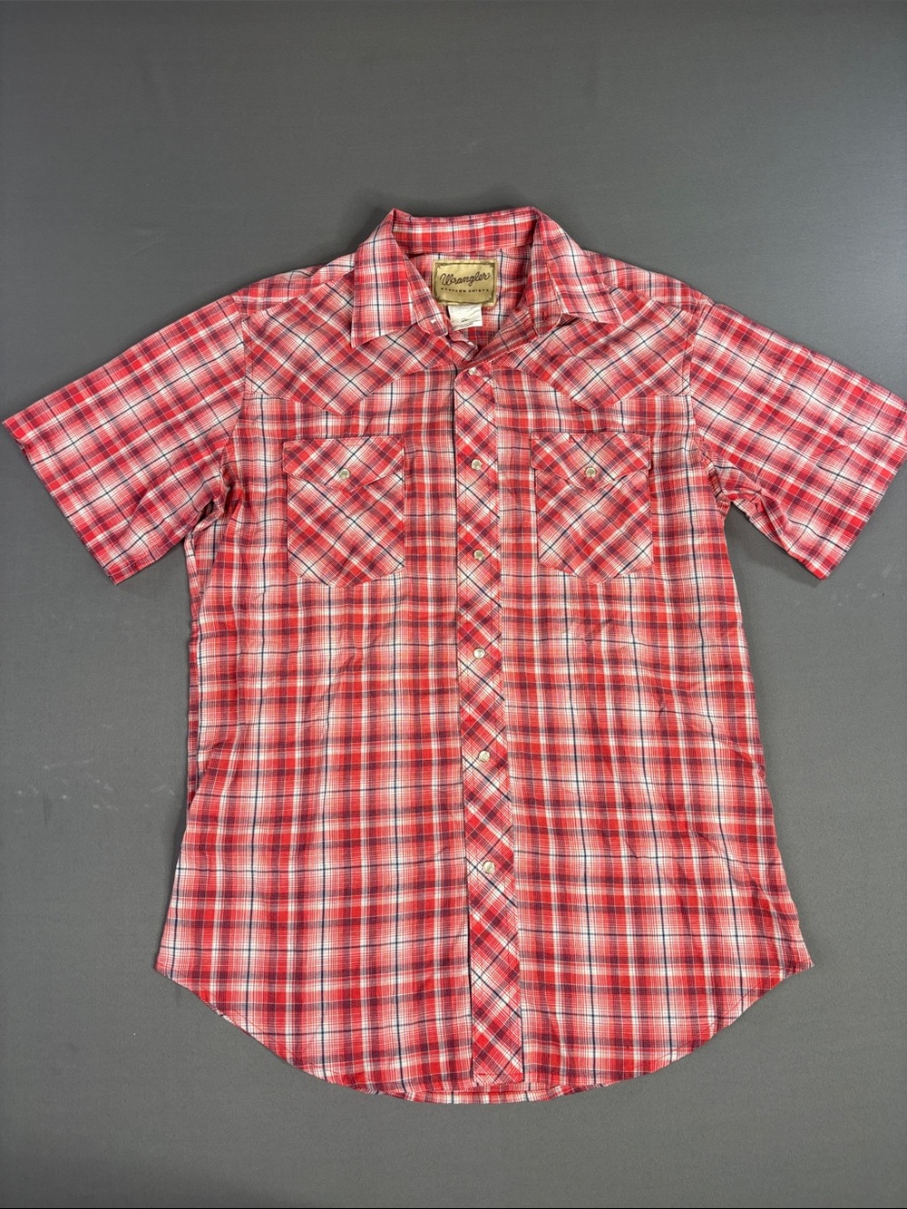 Wrangler Western Shirt Mens Medium Plaid Short Sleeve Button Down Red Pearl Snap